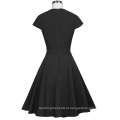 Belle Poque Retro Vintage Black Cap Sleeve Crew Neck Swing Party Dress BP000361-1